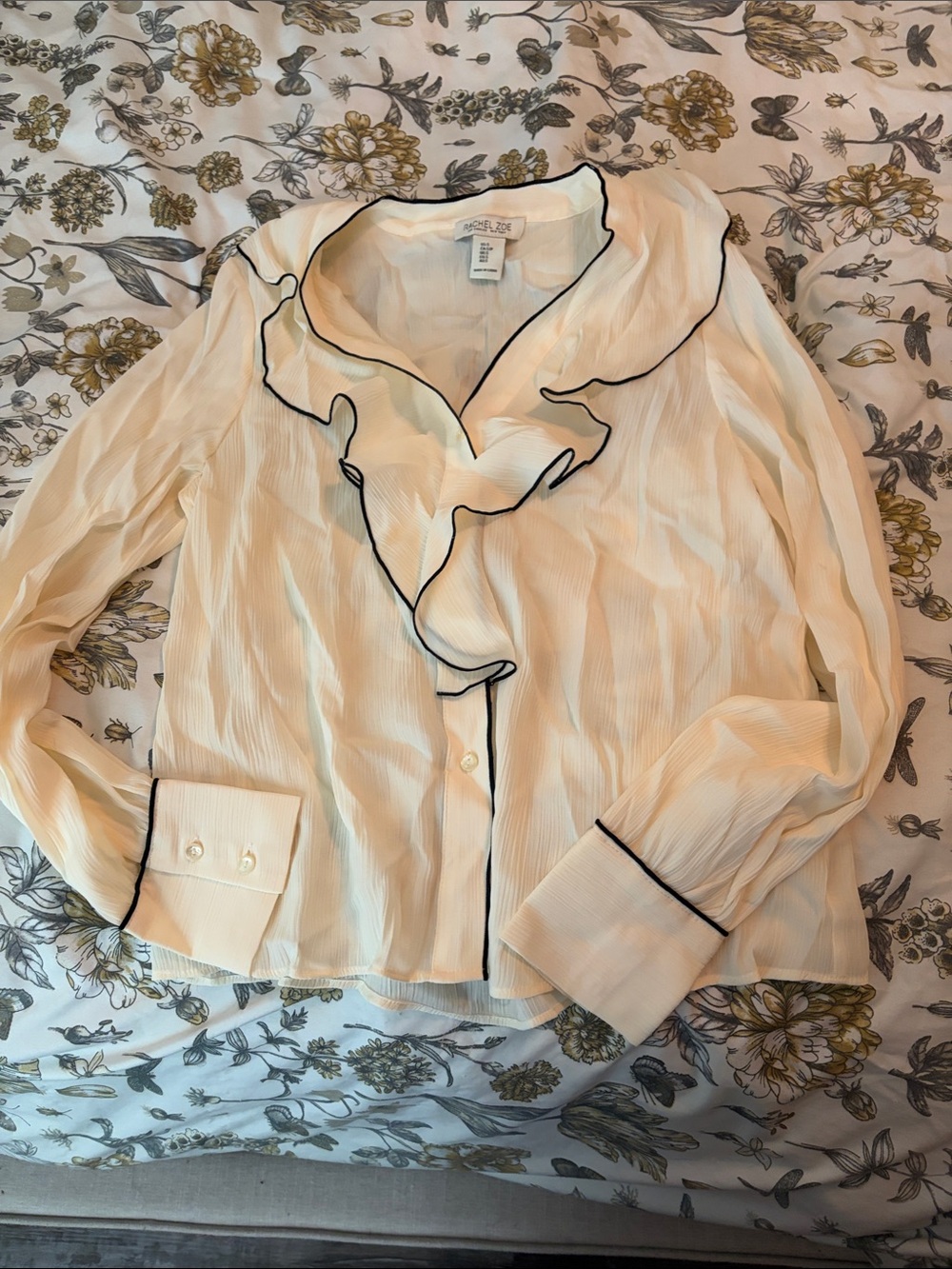 Rachel Zoe Cream Ruffle-Trim Blouse with Black Piping